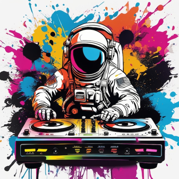 DJ-Astronaut mit Kopfhörern und DJ-Controller spielt auf Vinyl, das mit generativer KI-Software erstellt wurde