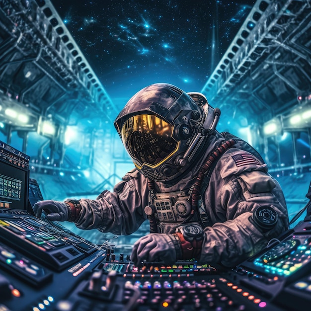 DJ astronauta fazendo música