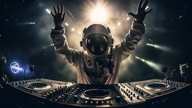 DJ astronauta tocando música en una nave espacial IA generativa