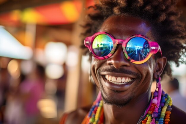 DJ auf der Strandparty DJ dreht die Musik und die Leute sind aufgeregt mit den Händen hoch