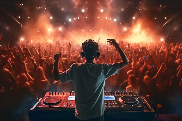 DJ con auriculares bailando en una fiesta de discoteca con luces de fondo
