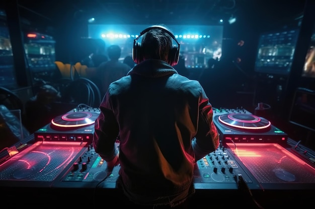 Un dj con auriculares en un club oscuro