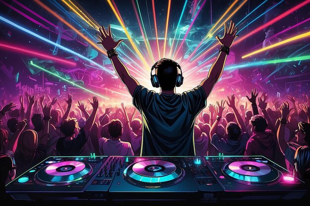 DJ con auriculares en una fiesta de club nocturno bajo la luz azul y la multitud de personas en el fondo