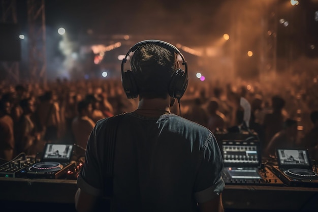 Un dj con auriculares frente a una multitud de personas.