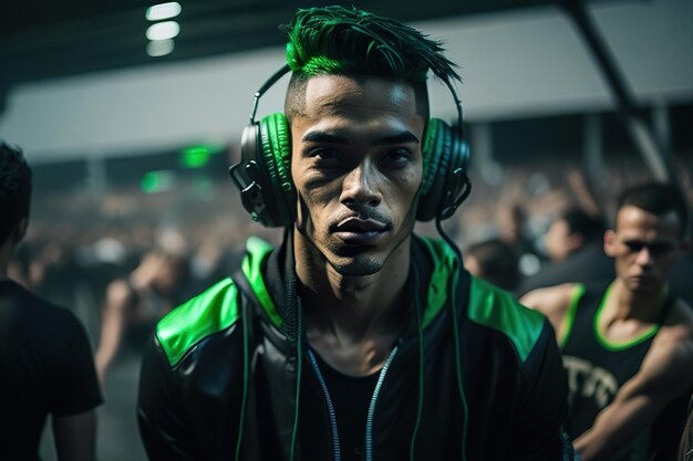 Un DJ con auriculares con gente en el fondo de la fiesta AI generativa