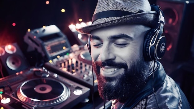 Foto dj con barba usando auriculares y escuchando la música