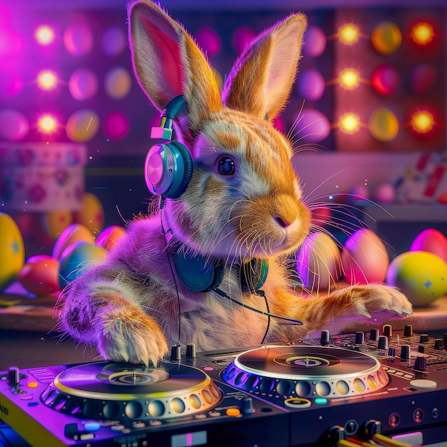 DJ Bunny misturando batidas em uma festa iluminada por néon