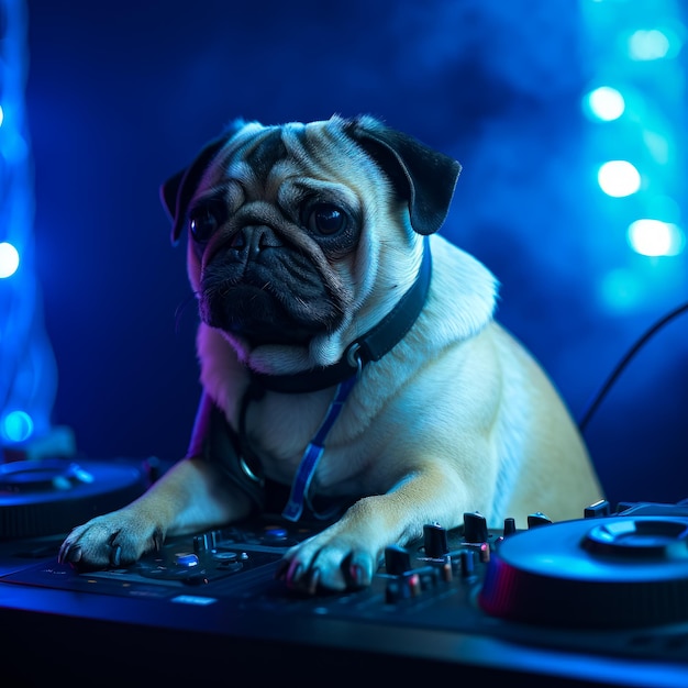 Dj cachorro tocando música Bulldog em um clube arranhando plataforma giratória Generative AI