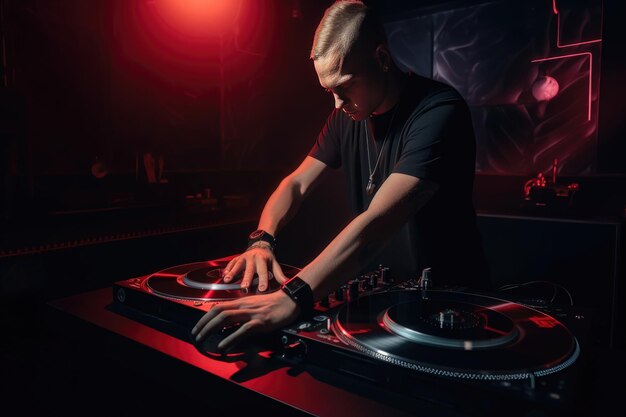 El DJ de la camiseta roja toca en el equipo de DJ generado por IA