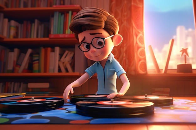 Dj cartoon kid arranhando discos de vinil ia generativa