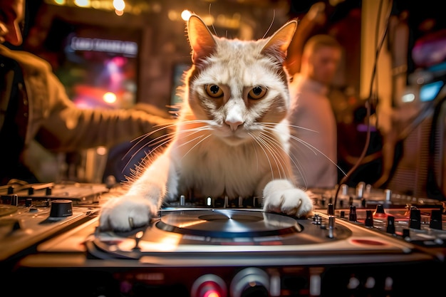 Dj Cat en el fondo de estilo disco de sábado por la noche animales antropomórficos