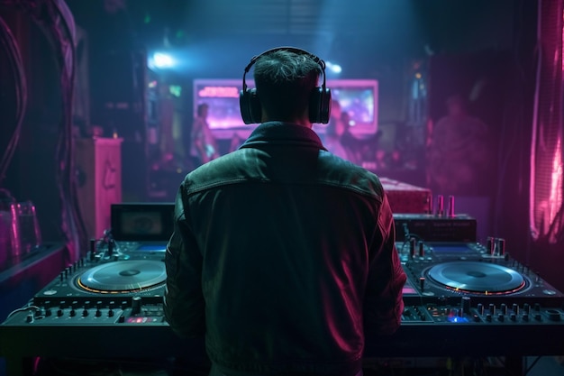 Un dj en un club con un hombre con auriculares tocando música