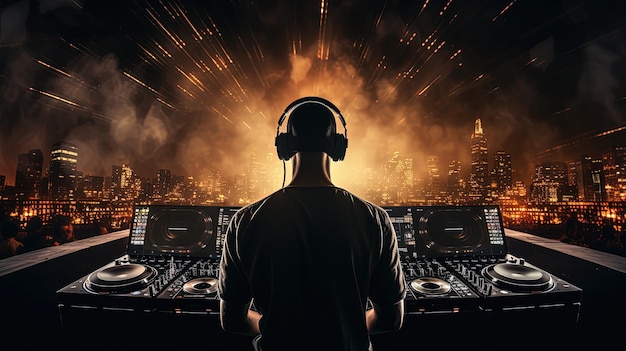 DJ del club nocturno con auriculares bajo las luces de fiesta que muestran el concepto de silueta del tema nocturno