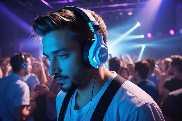 DJ com fones de ouvido em festa de clube noturno sob a luz azul e multidão de pessoas em segundo plano