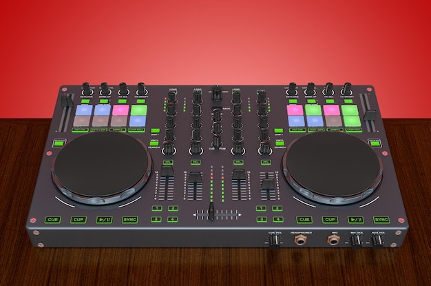 DJ Console na renderização 3D da mesa de madeira