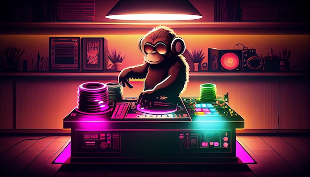 Foto dj de macaco engraçado na mesa giratória console discoteca edm festa clube noturno ilustração