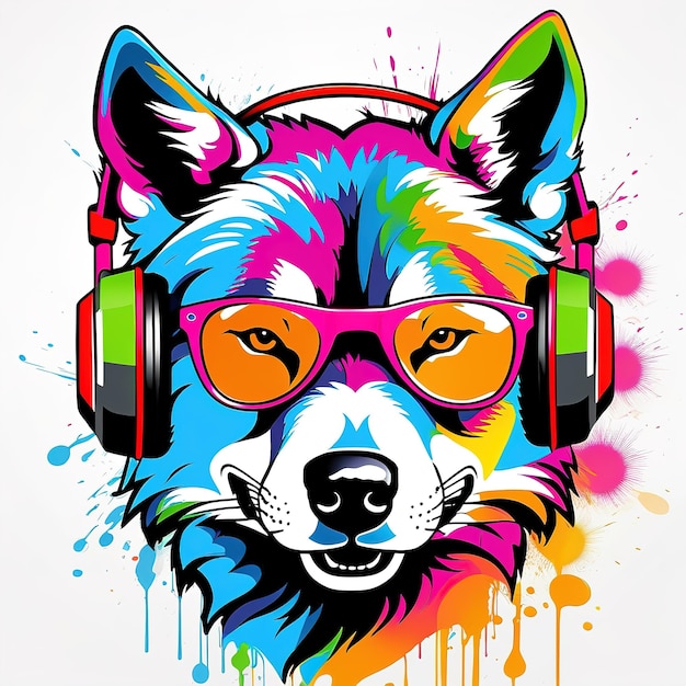 Dj dog en auriculares y gafas graffiti color splash diseño de camiseta generativa imagen AI