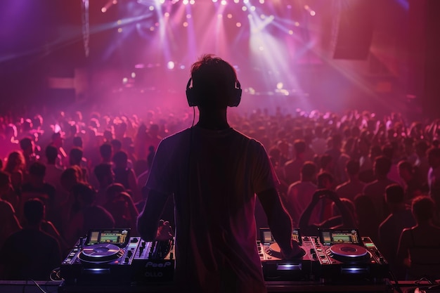 DJ energiza a multidão com música na discoteca