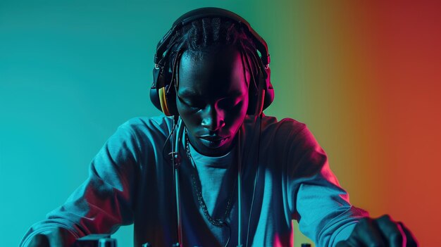 Un DJ enfocado con auriculares mezcla hábilmente la música creando una atmósfera vibrante