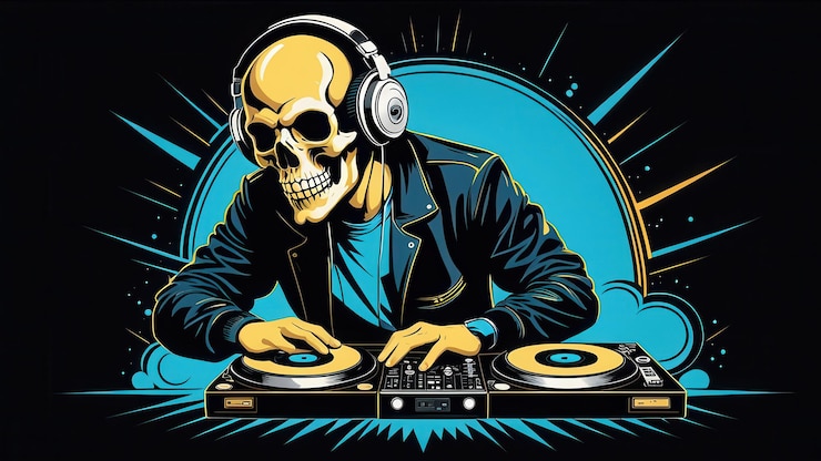 Foto un dj esqueleto estilizado mezclando música en tocadiscos con colores vibrantes y un fondo dinámico