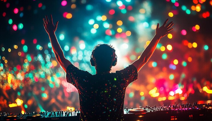 un DJ está levantando los brazos frente a una colorida exhibición de fuegos artificiales