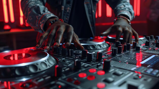 Un DJ está mezclando música en un tocadiscos el DJ está usando una camisa negra y una chaqueta de camuflaje el tocadescos está iluminado con luces rojas