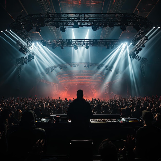 Un DJ está parado frente a un escenario con una persona en él.