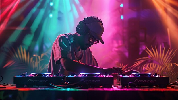 un DJ está tocando música en un club con la palabra sony en la parte de atrás