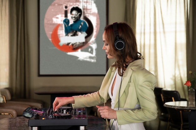 Foto dj femenina en una fiesta que ofrece entretenimiento musical