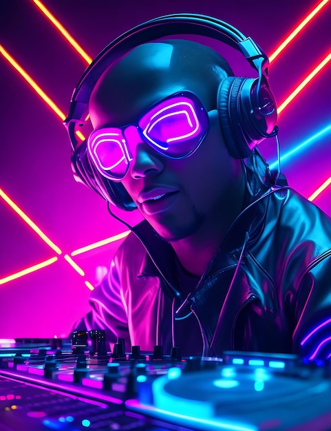 DJ futurista com luzes neon