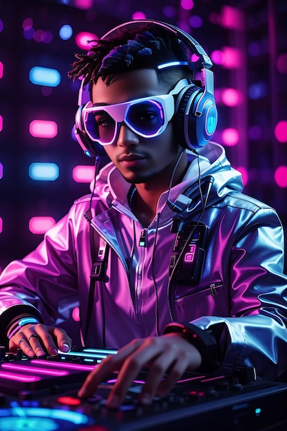 DJ futurista con luces de neón