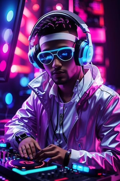 DJ futurista con luces de neón