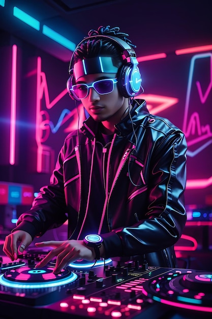 DJ futurista con luces de neón