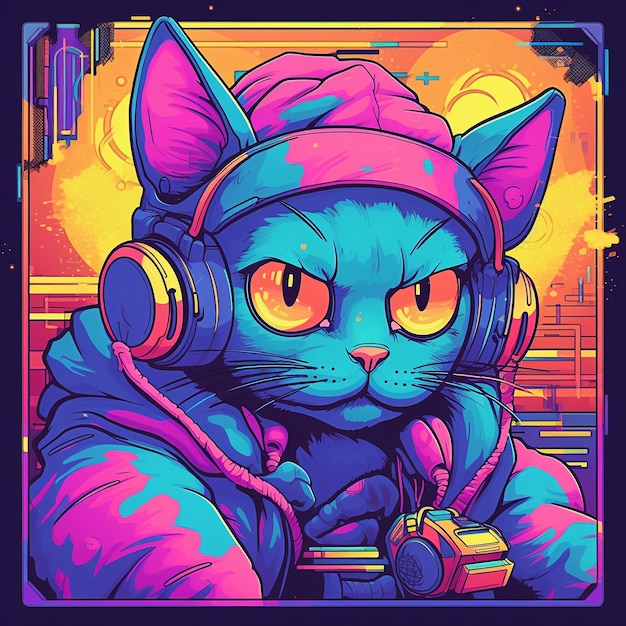 DJ gato con auriculares al estilo vaporwave