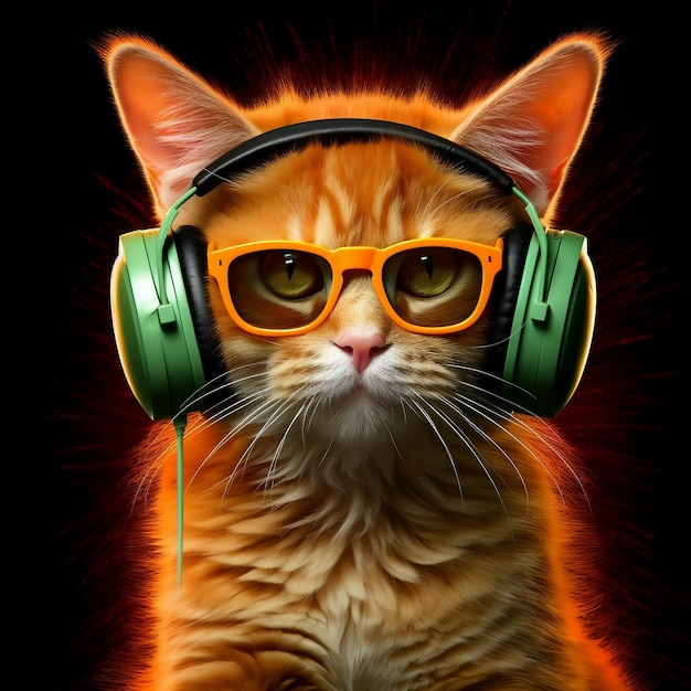 DJ Ginger Cat usando óculos escuros e fones de ouvido tocando música IA generativa