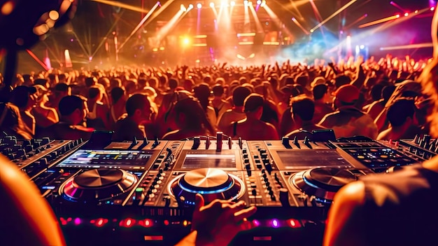 DJ girando batidas em um evento pulsante de música eletrônica, concerto festivo de festa de verão Generative AI