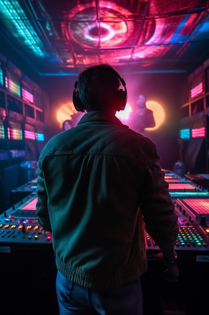 Un dj en una habitación oscura con un dj con auriculares.