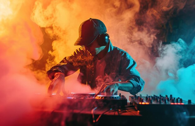 DJ en el humo por la luz de neón