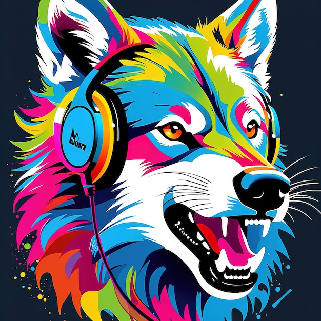DJ-Hund mit Kopfhörern und Brille, Graffiti-Farbspritzer, T-Shirt-Design, generatives KI-Bild