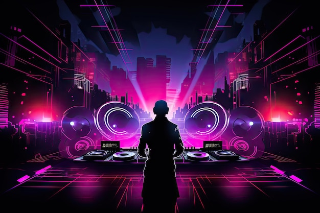 DJ in einer Halle, Neonlichter, Festivalbühnenbeleuchtung im Hintergrund