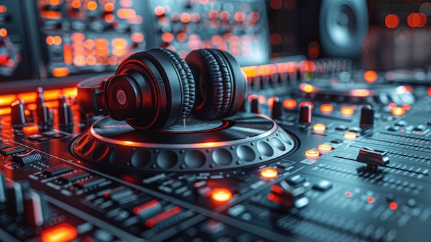 DJ-Kopfhörer, die auf einer leuchtenden Mischkonsole in einem Club ruhen