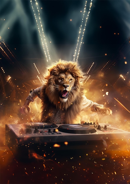 Foto dj león en el club rugiendo ritmos y vibraciones groovy para su fiesta