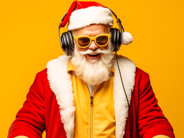 DJ louco e funky do Papai Noel no fone de ouvido segura o microfone