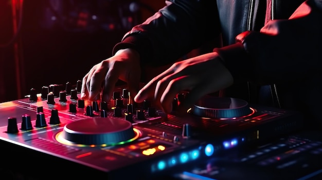DJ manos DJ consola mezclador en concierto discoteca escenario colores de la música IA generativa