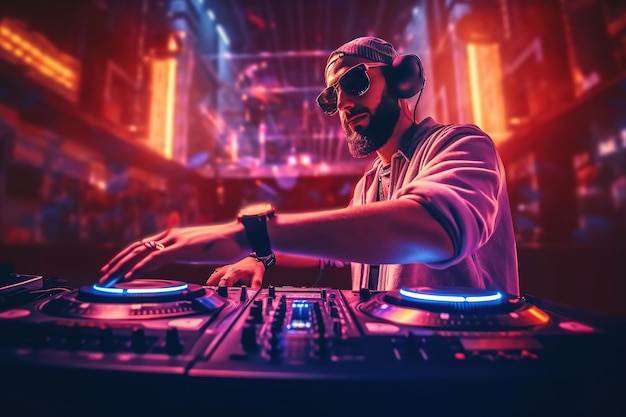 DJ mezcla la pista en el club nocturno en la fiesta