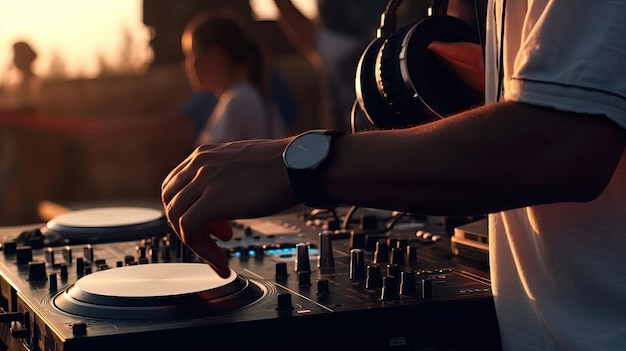 DJ mezclando y grabando música en un concierto Manos de DJ controlando una mesa de música en un club nocturno