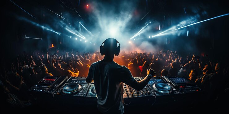 Dj mezclando en una multitud de clubes nocturnos de personas bailando HighEnergy Nightlife