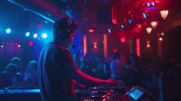 Foto un dj está mezclando música en un club el dj está usando auriculares y está usando un tocadiscos