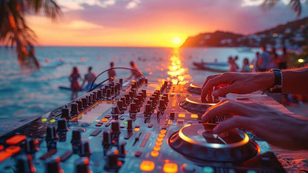 Foto dj misturando na festa de praia ao pôr do sol nas férias de verão ao ar livre disc jockey mãos tocando música