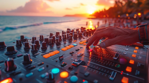 DJ misturando na festa de praia ao pôr do sol nas férias de verão ao ar livre Disc jockey mãos tocando música